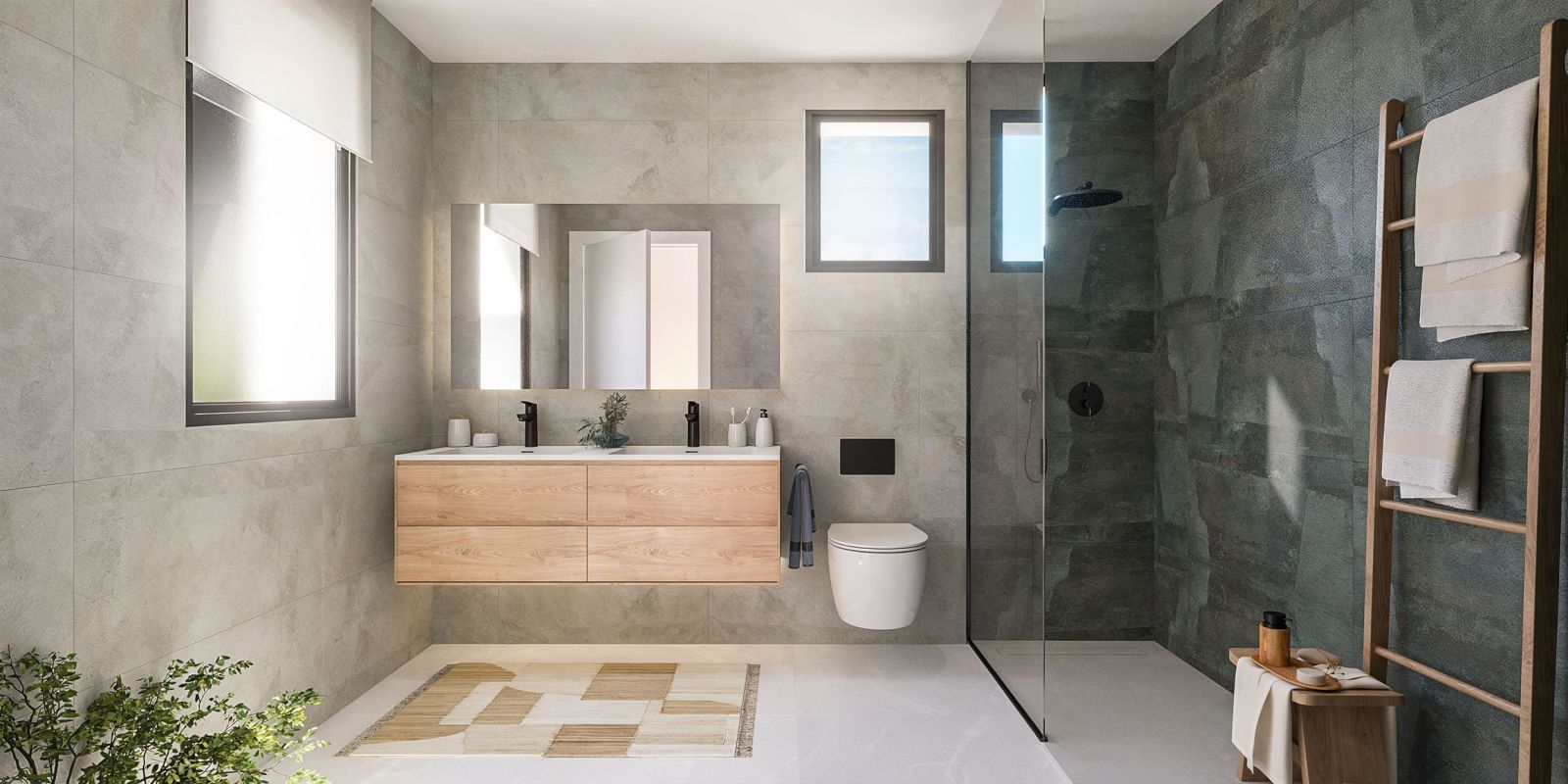 05 modern bathroom with shower and wooden vanity